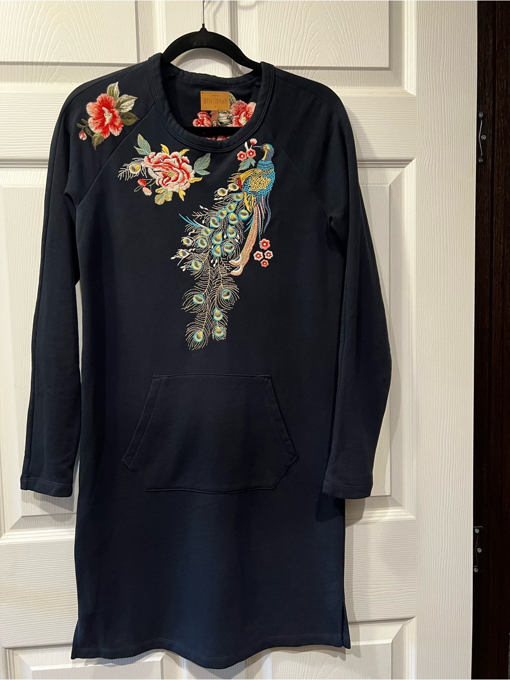 Driftwood Embroidered Peacock Sweatshirt Dress in Navy